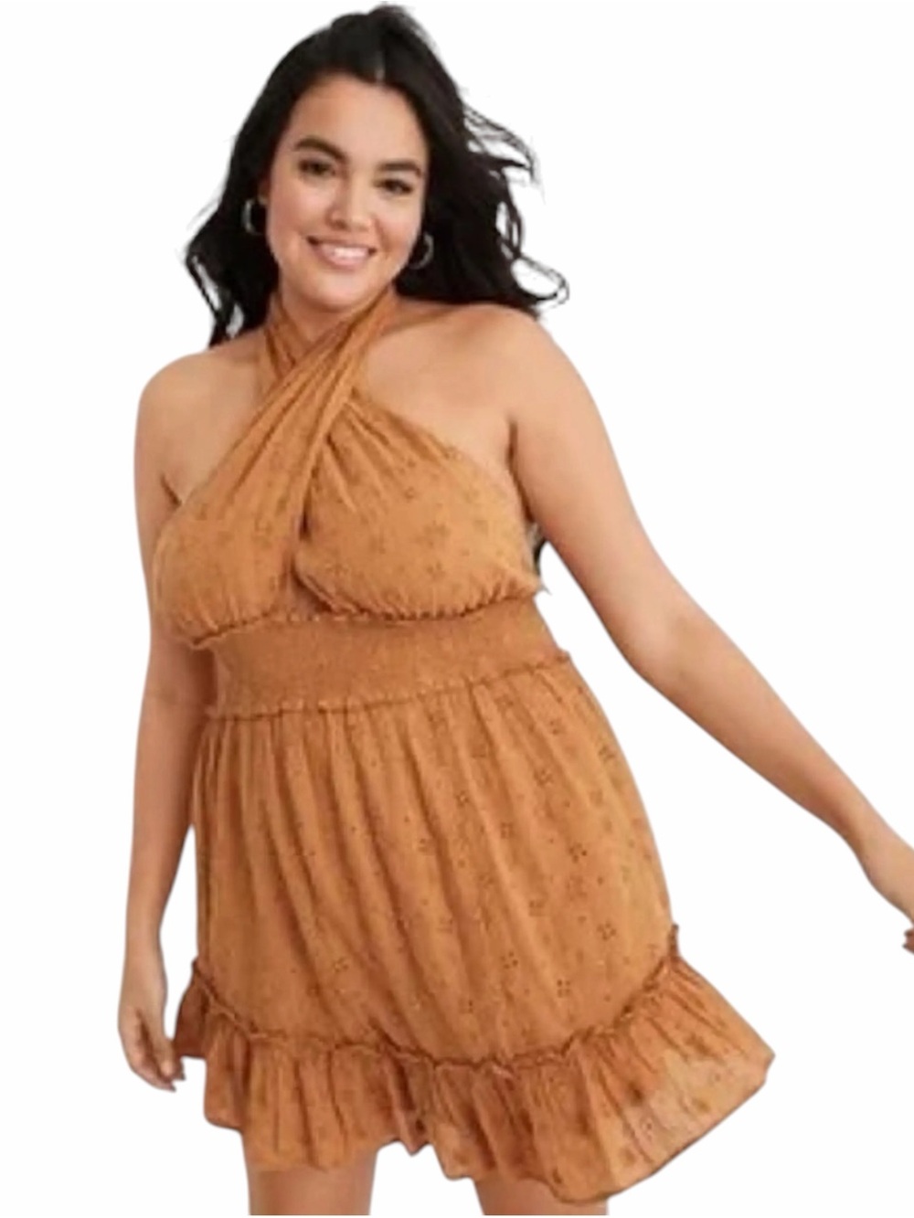 Aerie Brown Happy Everywhere Halter Mini Dress Womens L